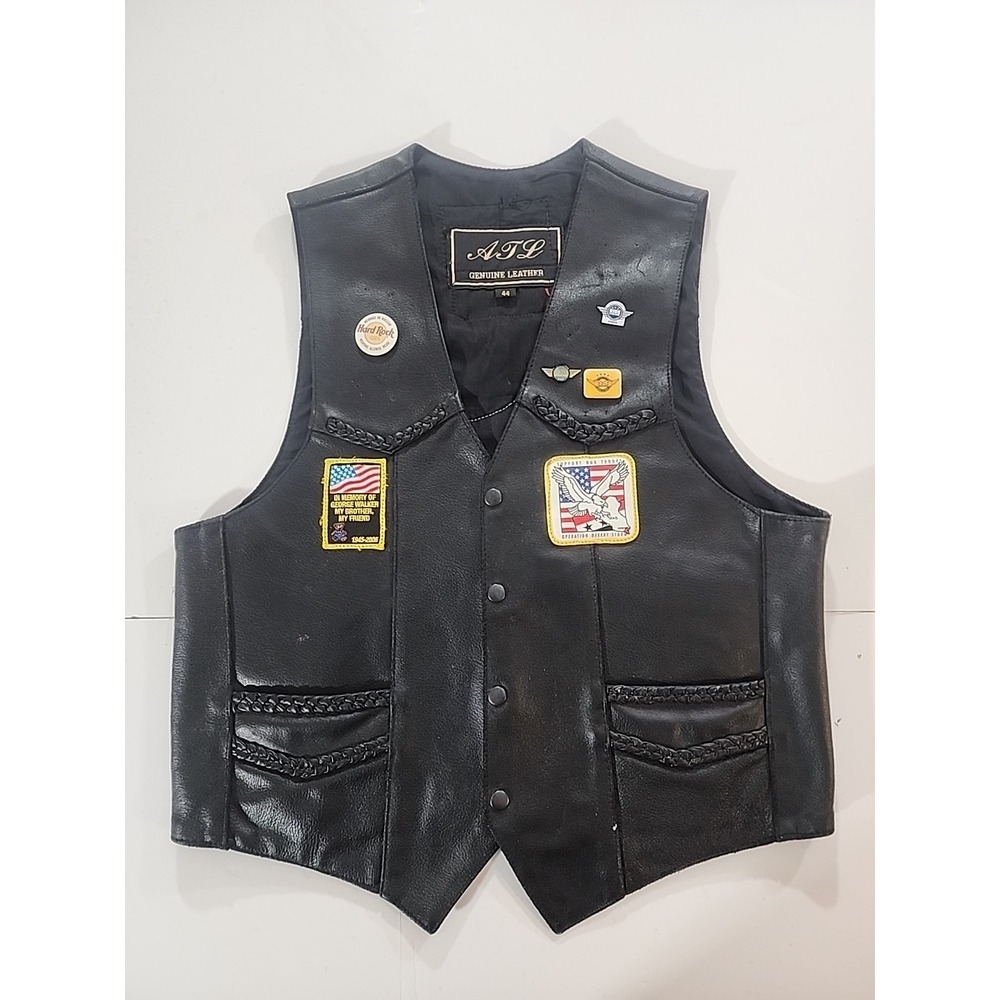 VTG ATL‎ Leather Vest Mens 44 Black Biker Motorcycle Snap Front Embroidered Back